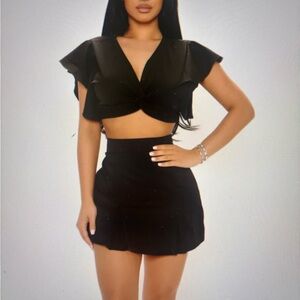 Black Ruffle Sleeve Crop Top and Skort Set